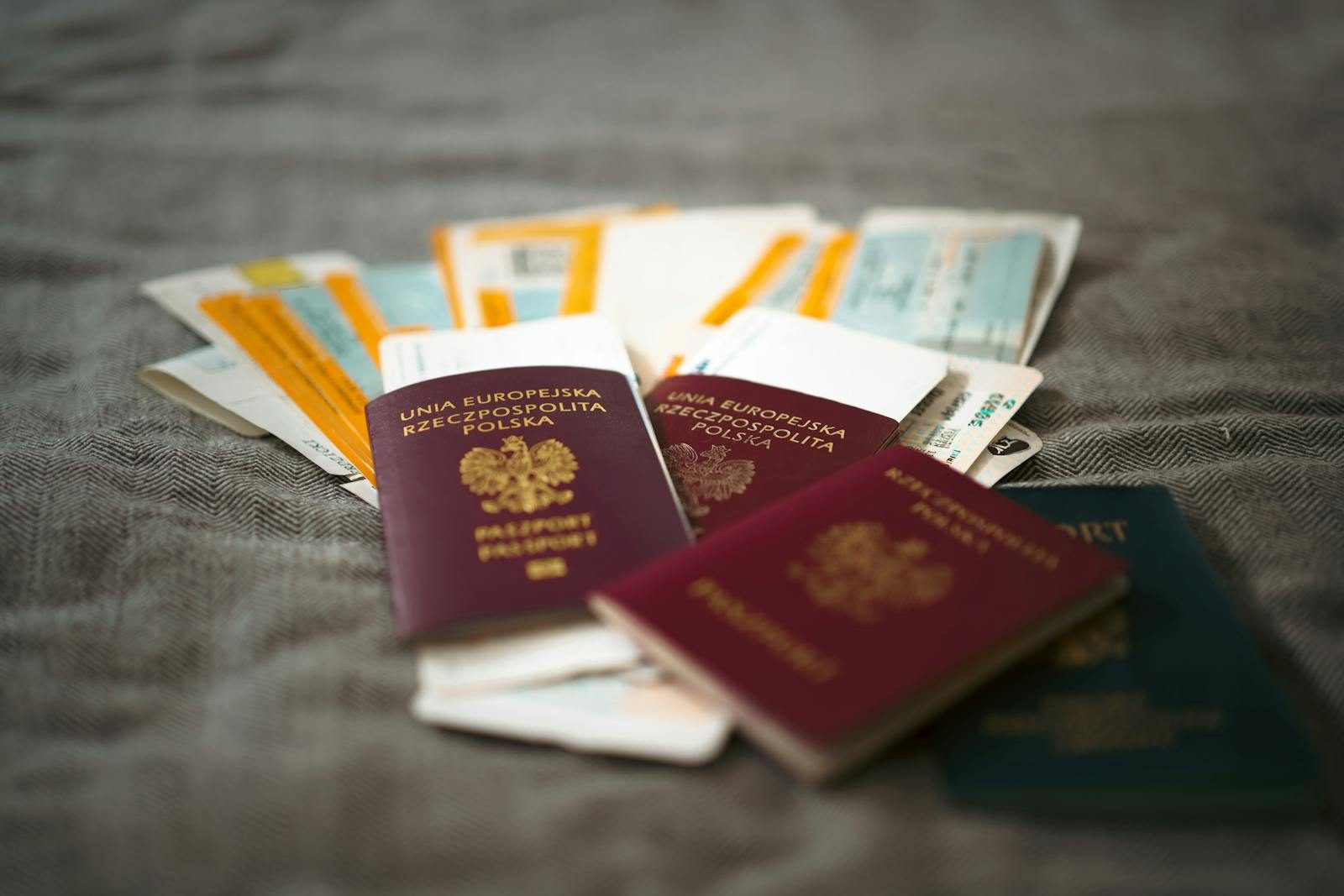 Passports and travel documents arranged on a table